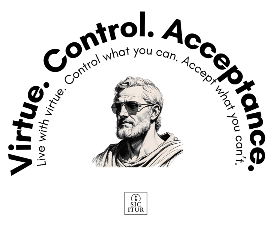 Black and white illustration of a philosopher with philosophical quote text around him on a white background