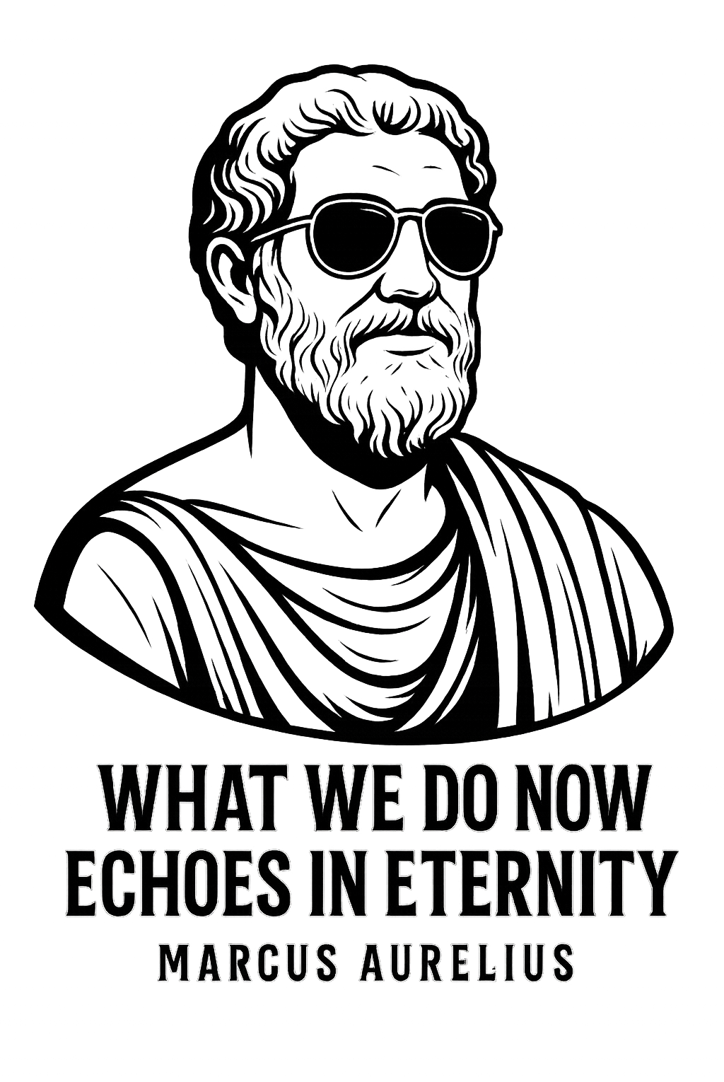 Image of Marcus Aurelius. Text below saying What we do now echoes in eternity