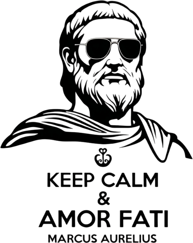 Image of Marcus Aurelius wearing shades. Text below saying Keep Calm & Amor Fati